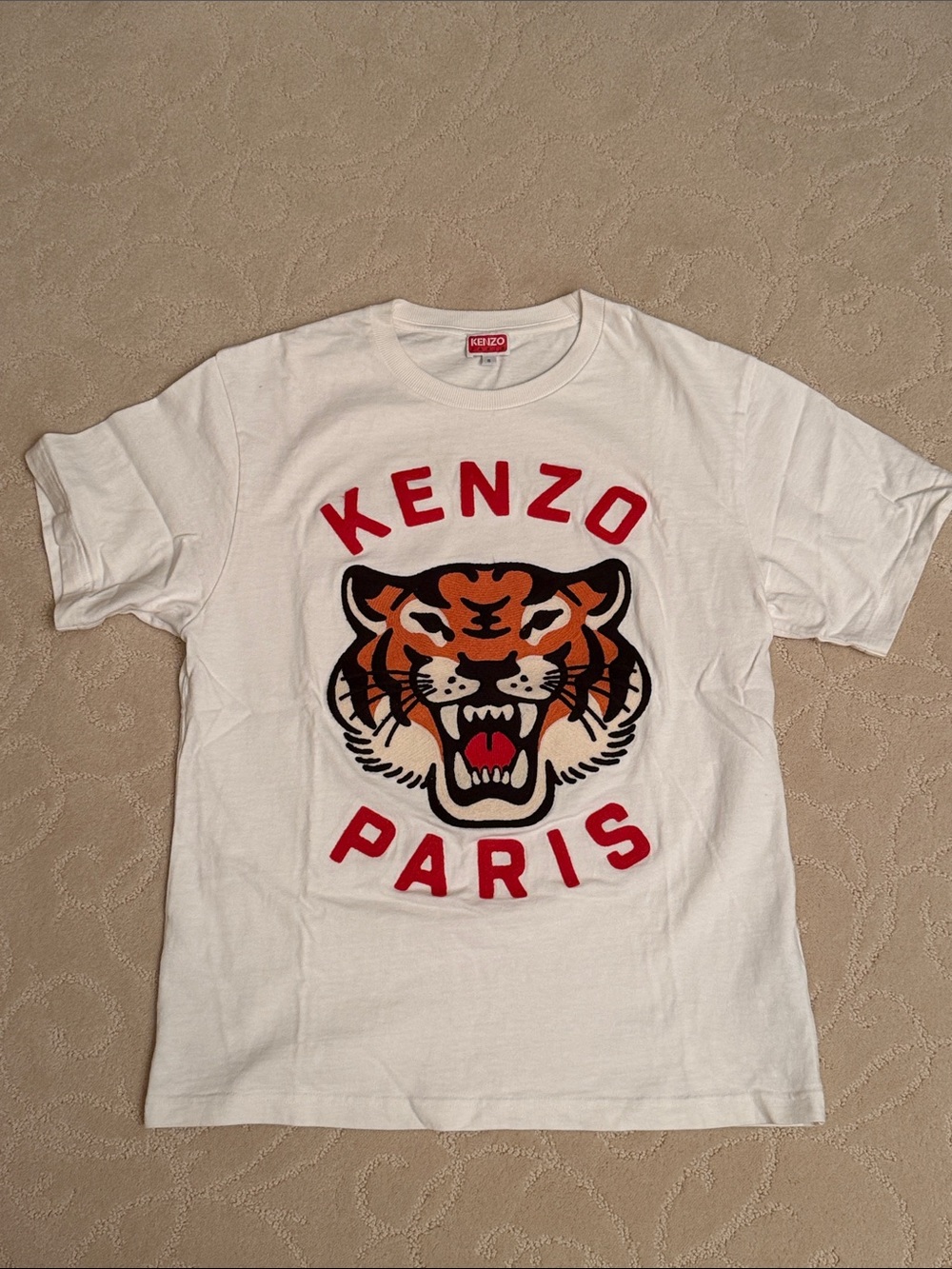 Kenzo White Tee with embroidered Orange Tiger and Red Logo